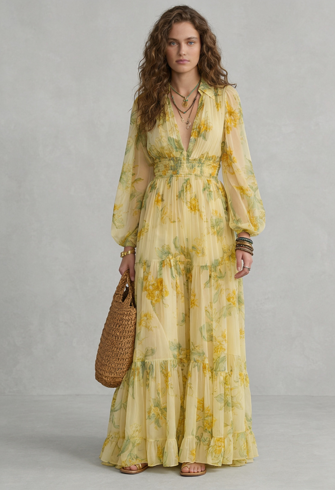 Sophia | Yellow Chiffon Boho Maxi Dress