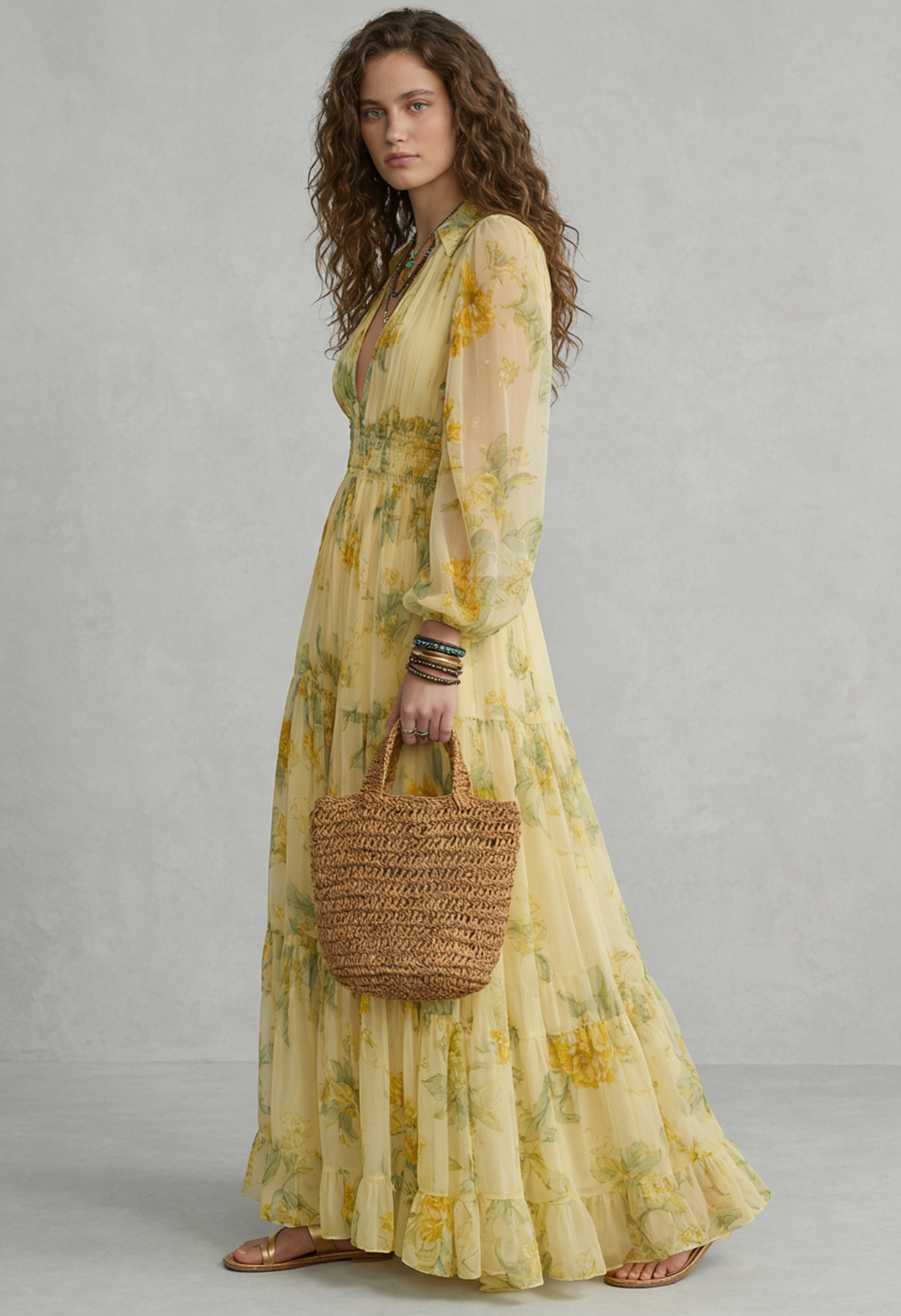 Sophia | Yellow Chiffon Boho Maxi Dress